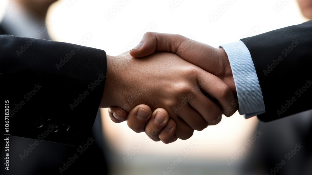 Two individuals in suits shake hands, symbolizing agreement, partnership, or collaboration in a professional setting. Two individuals in suits shake hands, symbolizing agreement, partnership, or collaboration in a professional setting.