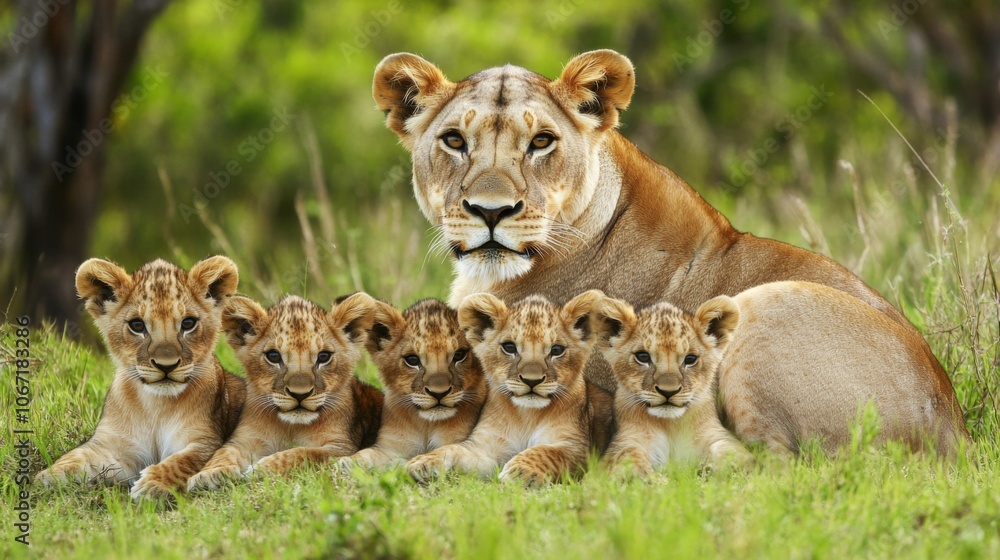 Safari Scene with Lioness and Cubs Resting on Grassland. Safari Scene with Lioness and Cubs Resting on Grassland.