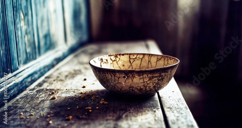 Cracked bowl symbolizing poverty on rustic wooden table