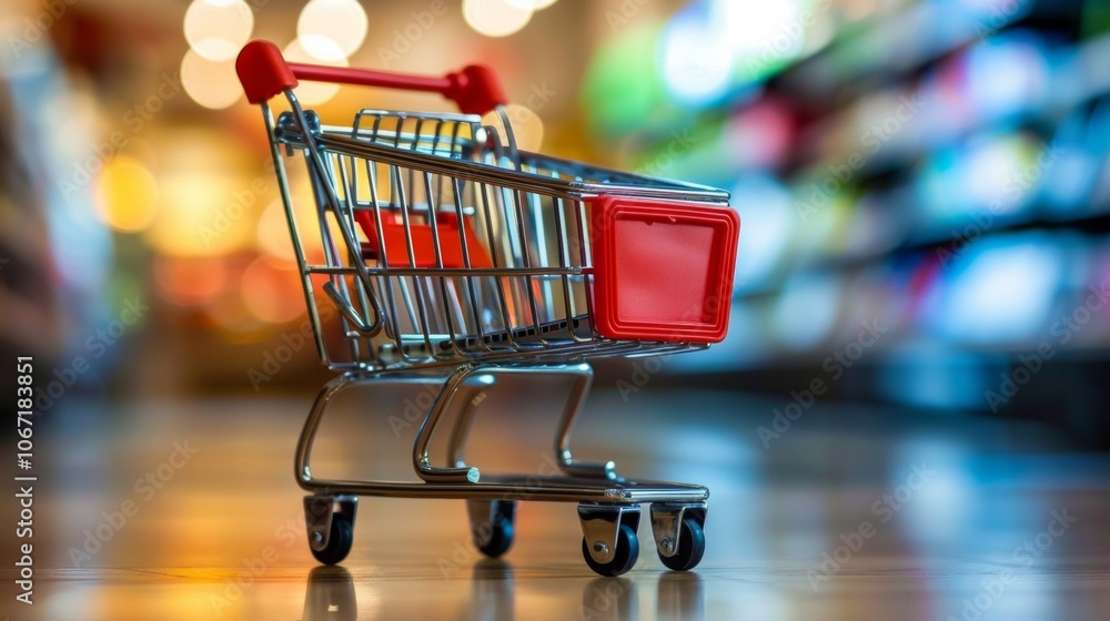 Miniature shopping cart in supermarket aisle with blurred background Miniature shopping cart in supermarket aisle with blurred background