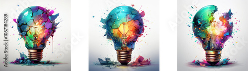 Three light bulbs with colorful paint splatters around them.