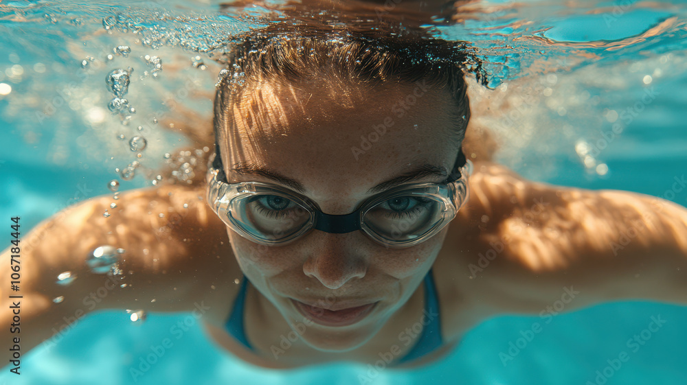 Naklejka premium Female Swimmer in Mid-Stroke Underwater