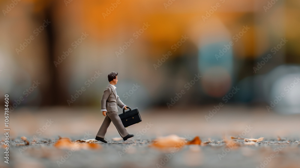 Diorama of male office worker walking to work or commute during autumn Diorama of male office worker walking to work or commute during autumn