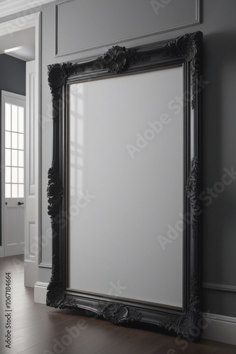 A blank picture-frame mock-up on a wall at the end of hallway, black and white tones, vertical composition