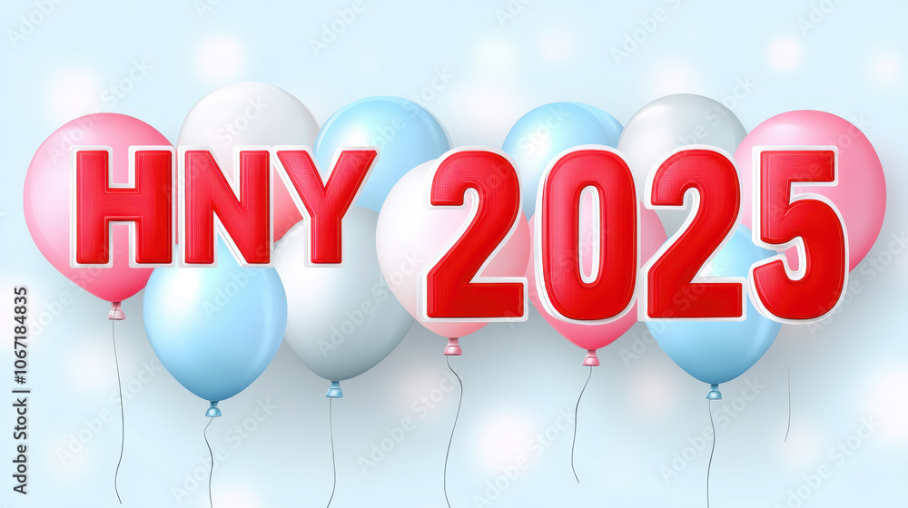 Happy New Year 2025 text with colorful balloons in festive background, creating cheerful and celebratory atmosphere Happy New Year 2025 text with colorful balloons in festive background, creating cheerful and celebratory atmosphere