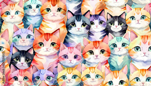 seamless pattern of cute, colorful cat illustrations with expressive eyes in various shades of orange, gray, and pastel hues