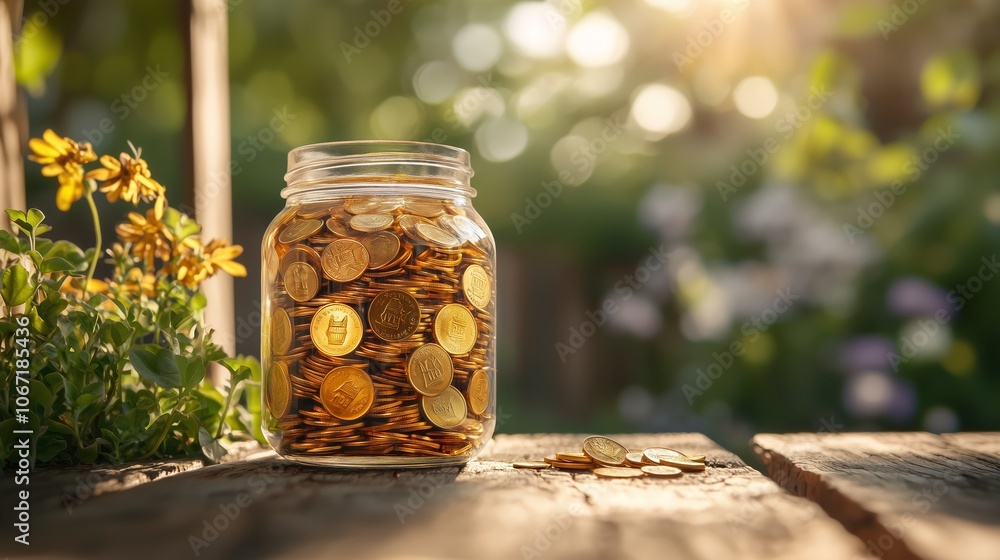 Jar Filled with Golden Coins in Sunlit Garden Jar Filled with Golden Coins in Sunlit Garden