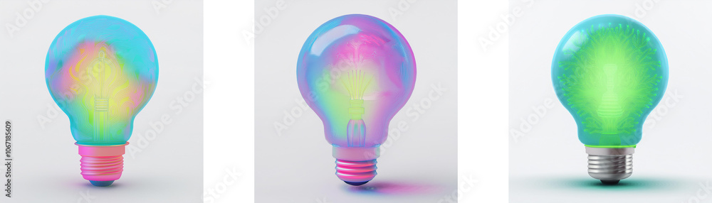 Three light bulbs, each with a different iridescent color. Three light bulbs, each with a different iridescent color.