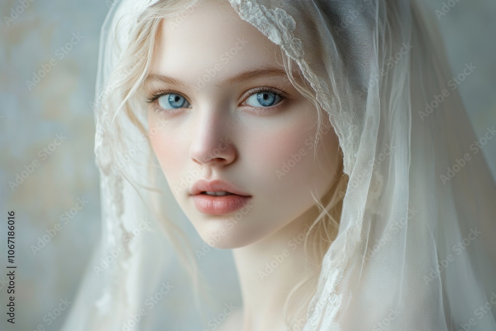 Close-Up Portrait of Young Blonde Woman in Off-White Veil and Light Gray Dress with Dreamy Atmosphere. Close-Up Portrait of Young Blonde Woman in Off-White Veil and Light Gray Dress with Dreamy Atmosphere.