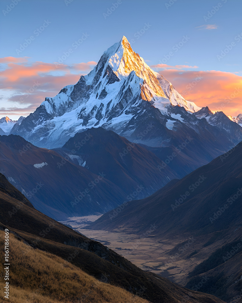 Majestic snow-capped mountain peak at sunset with a valley in the foreground. Majestic snow-capped mountain peak at sunset with a valley in the foreground.