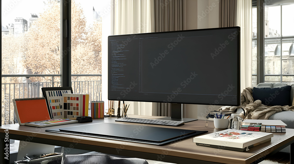 Modern minimalist home office workspace with desktop computer, laptop, and design elements. Modern minimalist home office workspace with desktop computer, laptop, and design elements.