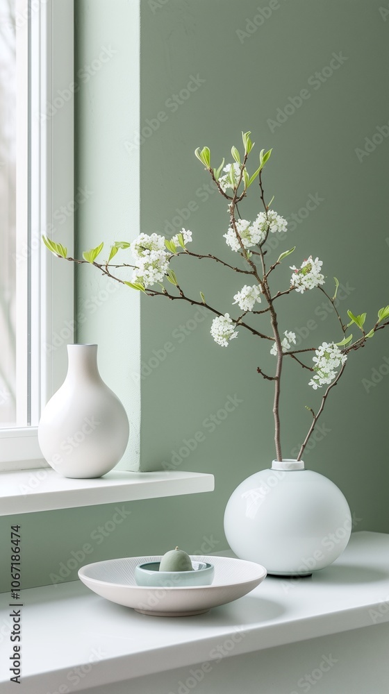 Flowering branches in vases standing on a windowsill creating a cozy atmosphere Flowering branches in vases standing on a windowsill creating a cozy atmosphere
