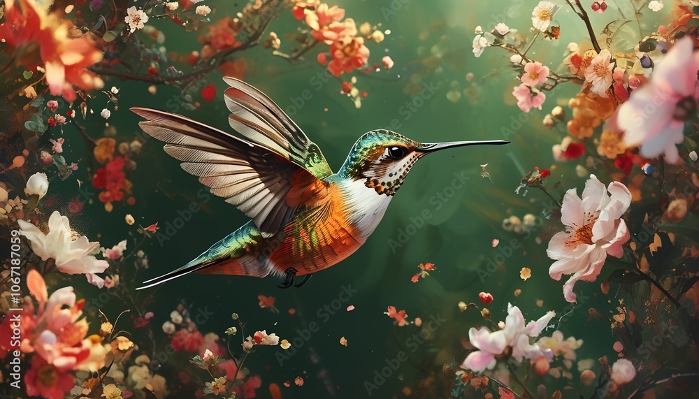 Naklejka premium A vibrant hummingbird soars through a lush garden filled with blooming flowers. The intricate details of the bird's feathers and the delicate petals of the flowers are beautifully captured in this art