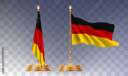 National flag of Germany on flag stands, 3d realistic render on a transparent background. The flag twists in the wind, realistic shadows and light. Officially sign of the Federal Republic of Germany