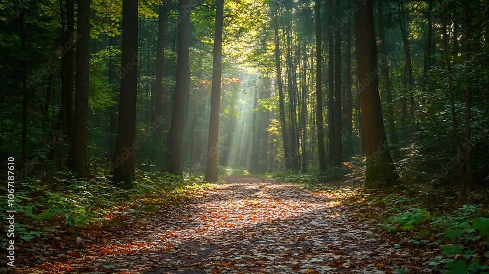 Fototapeta premium Sunlight Beams Through Misty Forest Path