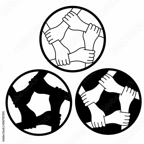Set silhouette outline of three circular symbols each depicting five hands holding each other by the wrist in a connected circle, symbolizing unity and teamwork. teamwork logo icon symbol