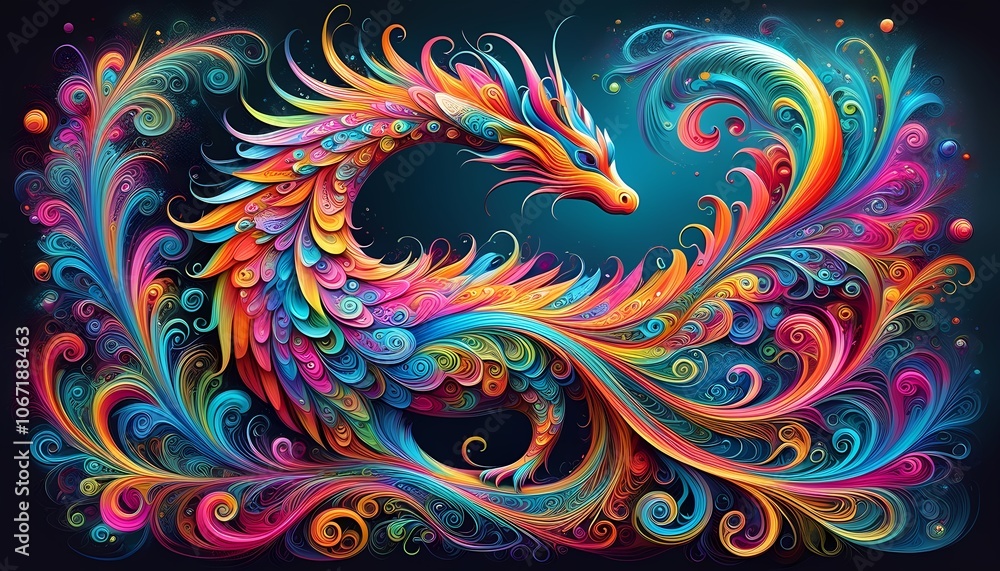 A mesmerizing dragon, adorned with a riot of colors and intricate patterns, twirls gracefully against a dark background. A mesmerizing dragon, adorned with a riot of colors and intricate patterns, twirls gracefully against a dark background.