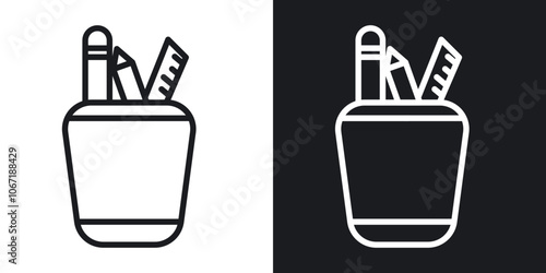 Pencil holder icon in black and white outlined stroke