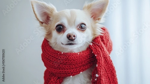 Adorable pet dressed in holiday fashion with a vibrant red scarf and white details photo