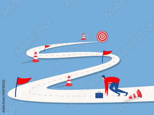 Businessman start on the road to the goal with milestone pin project success journey achievement workflow timeline process step planning progress