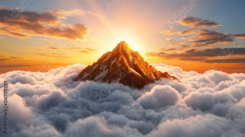 Majestic mountain peak surrounded by clouds and sunlight at sunset