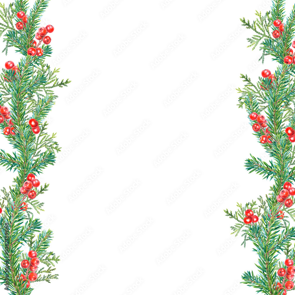 Square frame of spruce green branches, red holly berries, thuja. Hand drawn watercolor illustration of botanical winter elements on isolated background. Template with ilex for holiday greeting cards. Square frame of spruce green branches, red holly berries, thuja. Hand drawn watercolor illustration of botanical winter elements on isolated background. Template with ilex for holiday greeting cards.