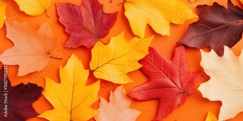 Autumn leaves in vibrant orange, red, and yellow hues create warm atmosphere