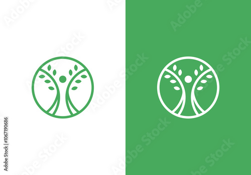 line art nature logo vector design of tree and man or person inside circle, abstract tree logo symbol inside circle	