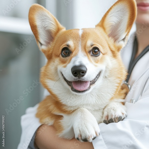 Caring veterinarian holding a happy corgi dog, showcasing the bond between pet and owner in a professional setting.