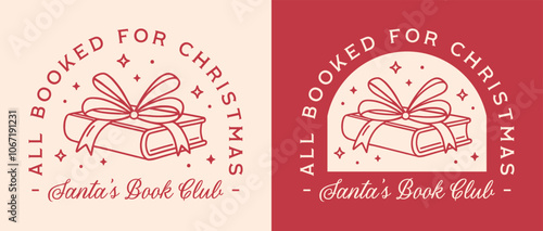 Santa's book club all booked for Christmas romance fantasy books lover bookish reader holidays card shirt design. Retro coquette cute ribbon bow xmas red aesthetic funny puns quotes printable decor.