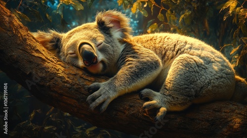 A koala bear sleeping peacefully on a tree branch in the forest.