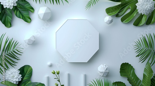 3D Flatlay Octagon Podium Suitable for Herbal Natural Product Display on Leavy Background photo