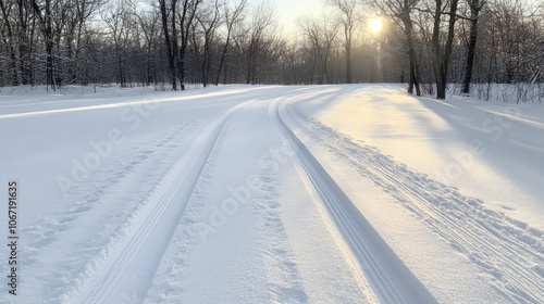 serene snow covered trail winds through quiet forest, with sunlight casting long shadows on pristine white landscape. peaceful scene invites reflection and tranquility