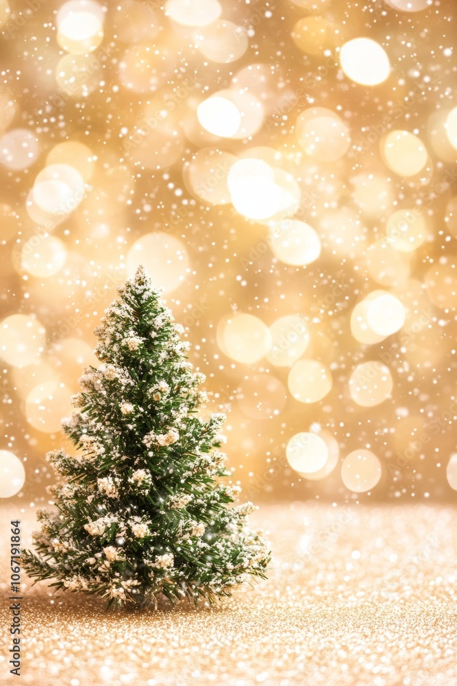 Miniature snow-covered Christmas tree set against a golden bokeh background, creating a warm festive scene with a snowy touch. Miniature snow-covered Christmas tree set against a golden bokeh background, creating a warm festive scene with a snowy touch.