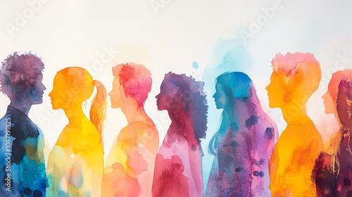 Craft a captivating long shot artwork depicting a group of individuals from different backgrounds excelling together, conveying harmony and productivity in a watercolor painting