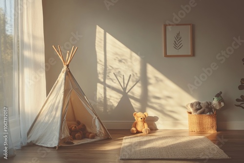 Modern Children's Room with Teepee, Teddy Bears, and Cozy Atmosphere