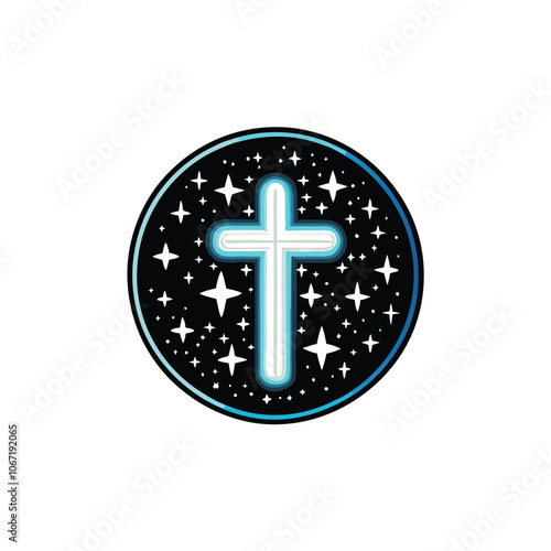 A glowing, ethereal cross, radiating light against a backdrop of a dark night sky sprinkled with faint, twinkling stars.