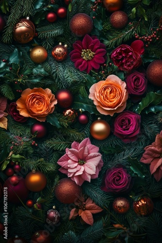 Christmas floral arrangement featuring roses, pine branches, red baubles, and pinecones. A rich and festive decoration perfect for the holiday season.