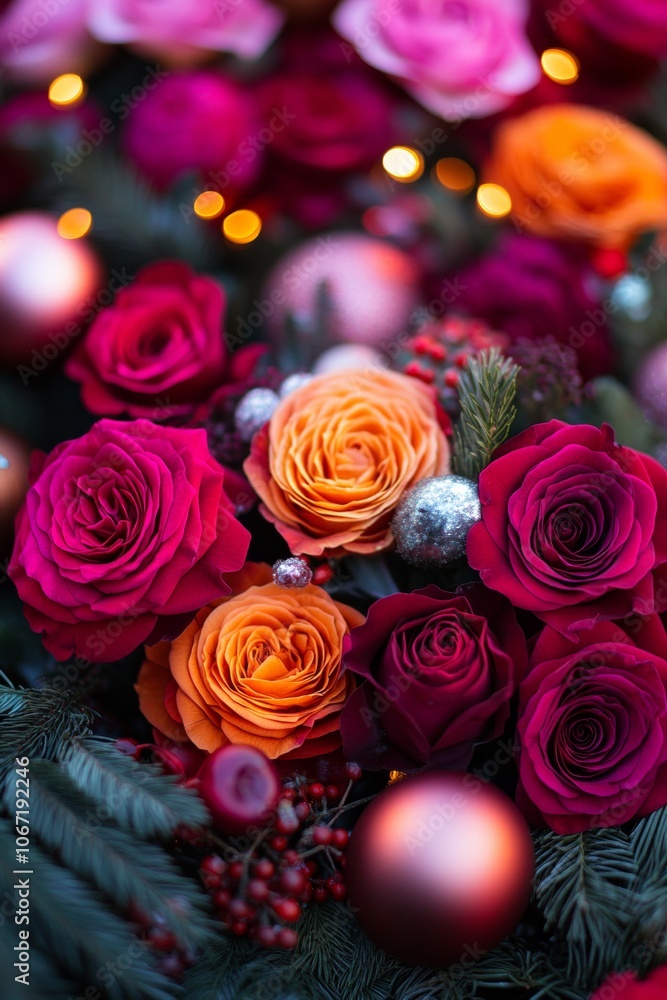 Christmas floral arrangement featuring roses, pine branches, red baubles, and pinecones. A rich and festive decoration perfect for the holiday season. Christmas floral arrangement featuring roses, pine branches, red baubles, and pinecones. A rich and festive decoration perfect for the holiday season.