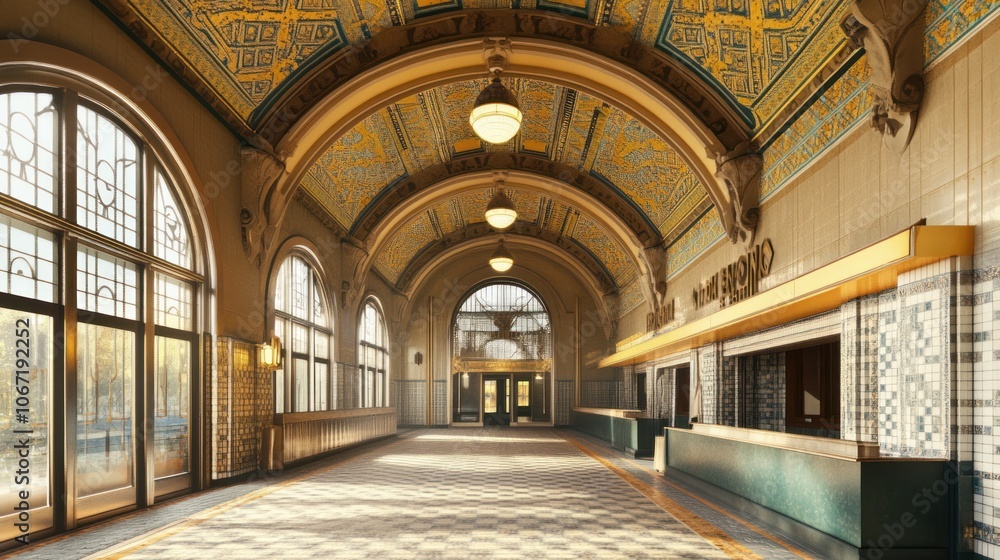 Fototapeta premium Art Deco Station - Station with Art Deco-inspired architecture, featuring intricate patterns and vintage charm.