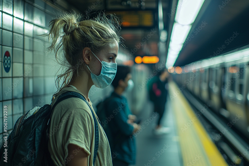 Young woman waiting at subway platform during evening commute Young woman waiting at subway platform during evening commute