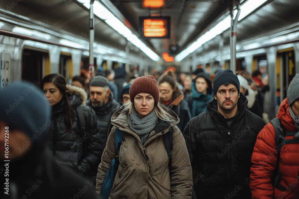 Crowded subway station during evening commute with diverse passengers Crowded subway station during evening commute with diverse passengers