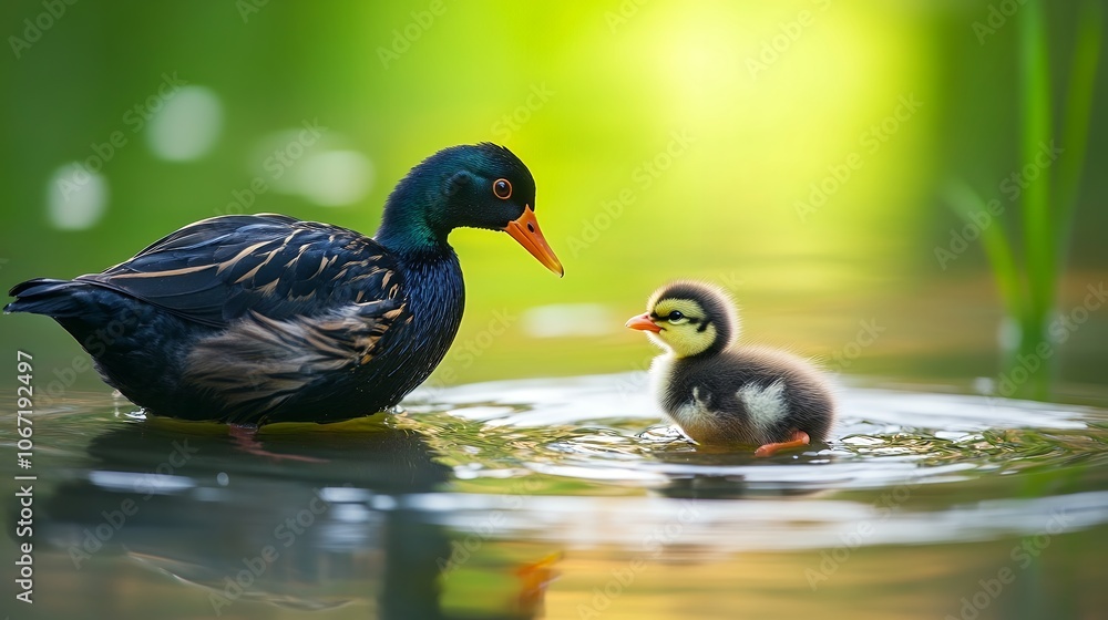 A duck and its duckling float on calm water, depicting a serene moment in a natural setting A duck and its duckling float on calm water, depicting a serene moment in a natural setting