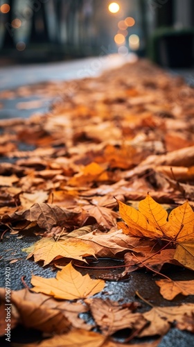 Dry autumn leaves fallen street plant leaf.