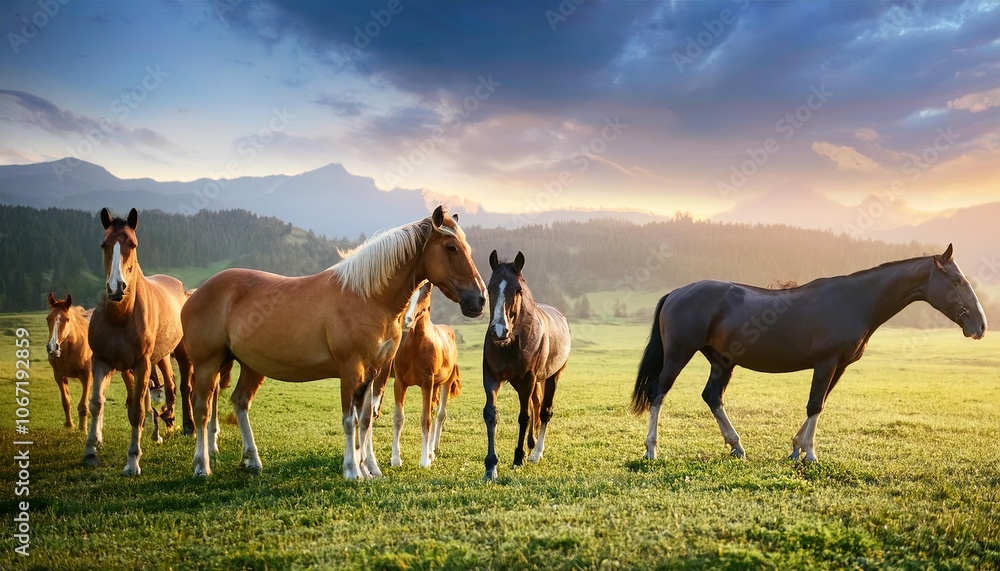 nature farm horses, farm sheep, grass field background, Fresh and Relax concept. For montage product display or design key visual layout. View of copy space nature farm horses, farm sheep, grass field background, Fresh and Relax concept. For montage product display or design key visual layout. View of copy space