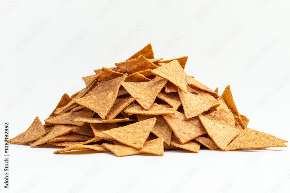 Close-up of Triangular Tortilla Chips on White Background with Copy Space Close-up of Triangular Tortilla Chips on White Background with Copy Space