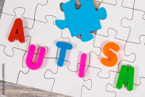 Inscription autism, white and blue puzzle as symbol of Autism Spectrum Disorder