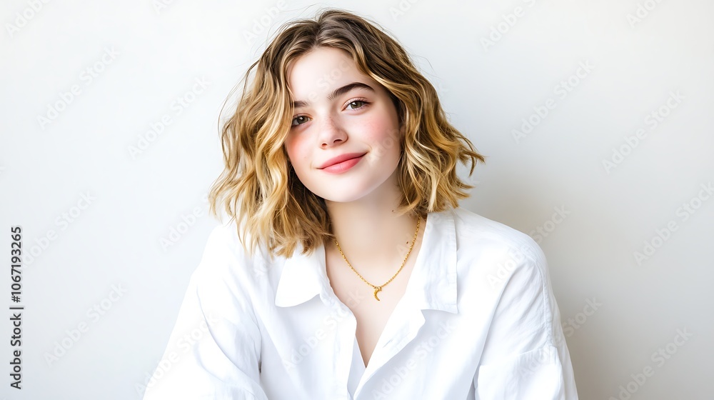 Joyful Young Woman Smiling Brightly Against a Simple Background with Natural Beauty Joyful Young Woman Smiling Brightly Against a Simple Background with Natural Beauty