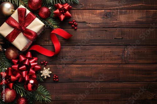 Red and gold Christmas presents, baubles, ribbons, and pine branches placed on a dark wooden background. A festive holiday arrangement with space for text.