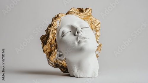 Beautiful plaster head of Venus with antique golden details, placed on a minimalist white background for a modern aesthetic